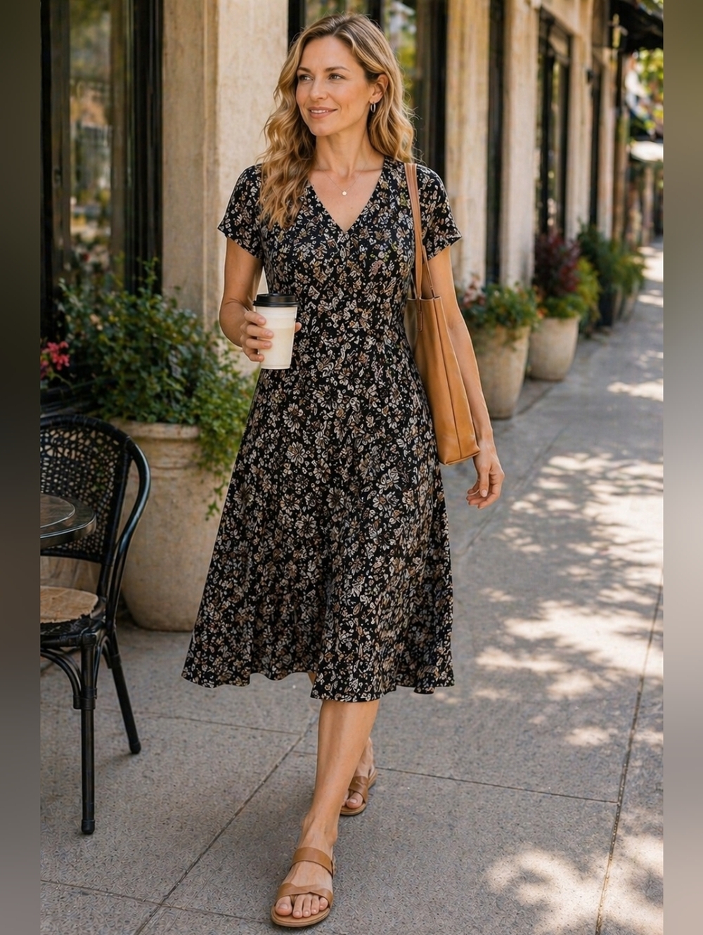 Black Ivory Floral Midi Dress Stretch V Neck J Jill Rayon Size M